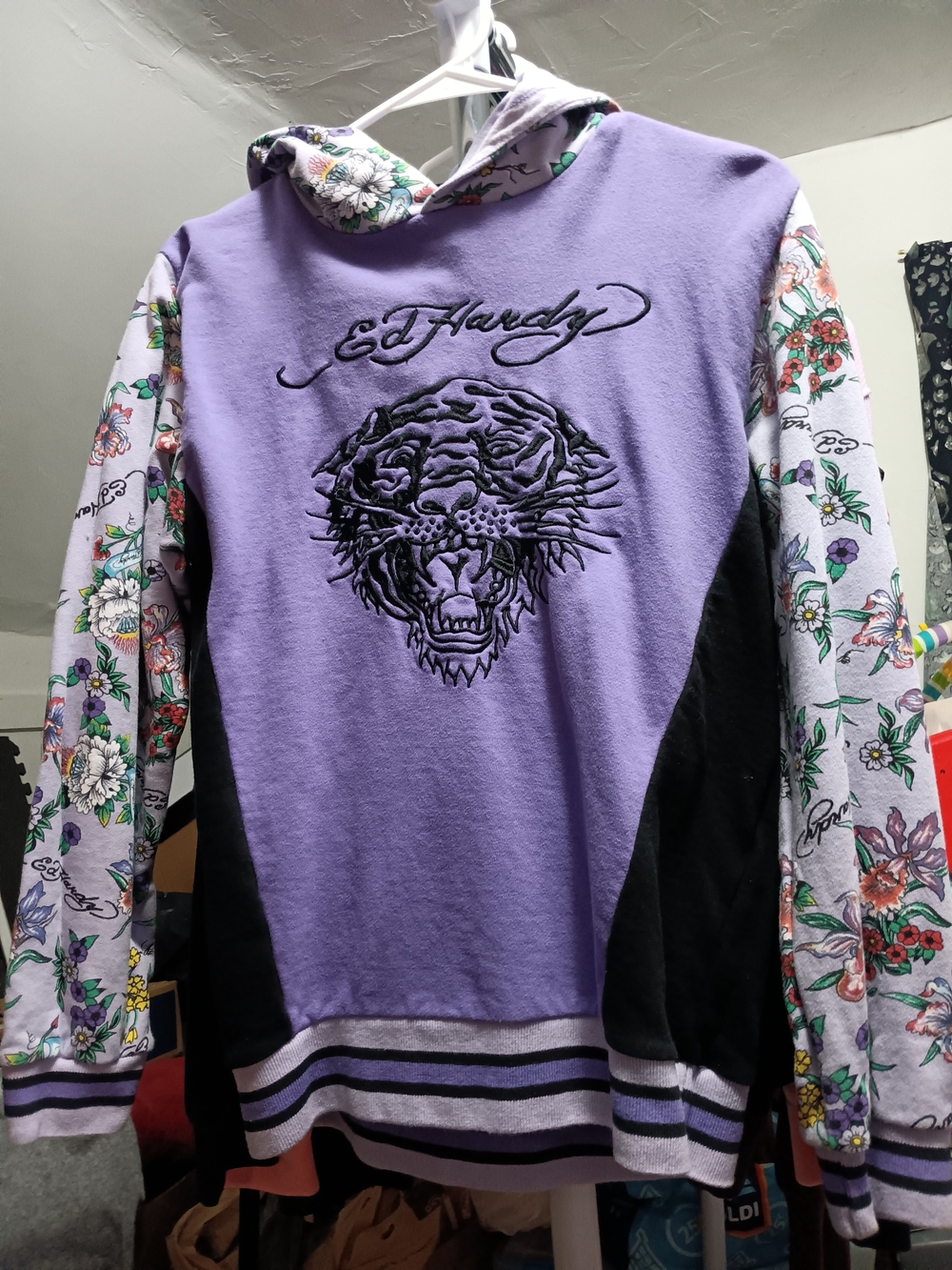Ed Hardy Women's Purple Floral Sleeve Hoodie - Tiger Embroidery